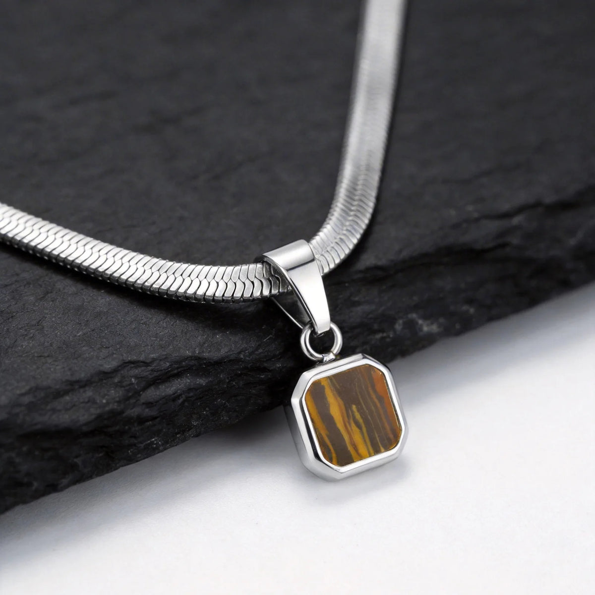 Geometric Natural Stone Pendant Necklace for Men – Stainless Steel Chain