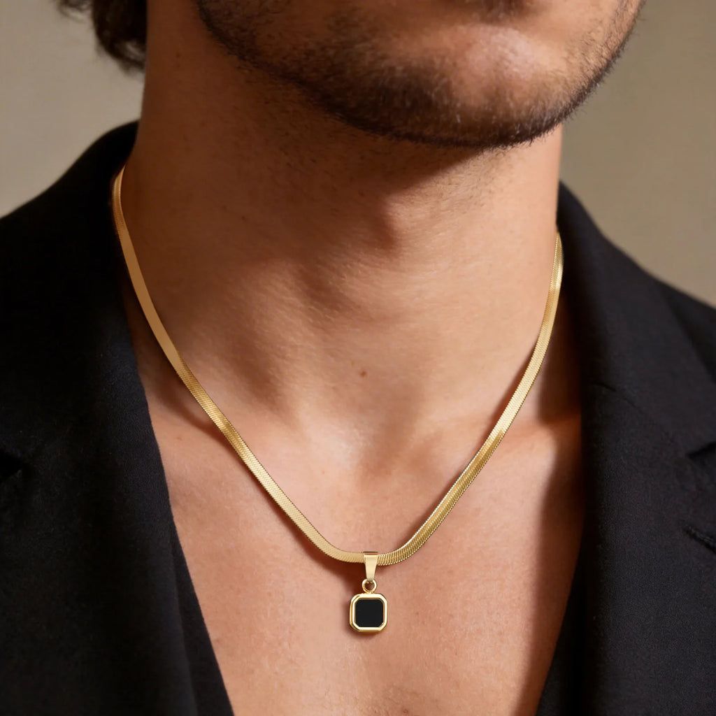 Geometric Natural Stone Pendant Necklace for Men – Stainless Steel Chain