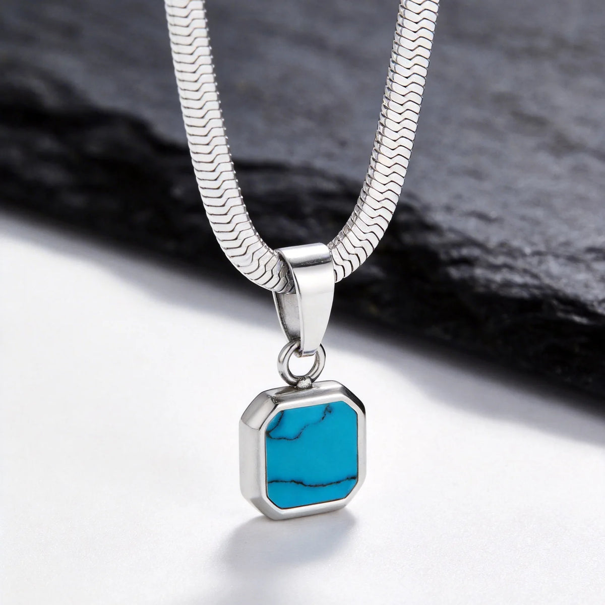 Geometric Natural Stone Pendant Necklace for Men – Stainless Steel Chain