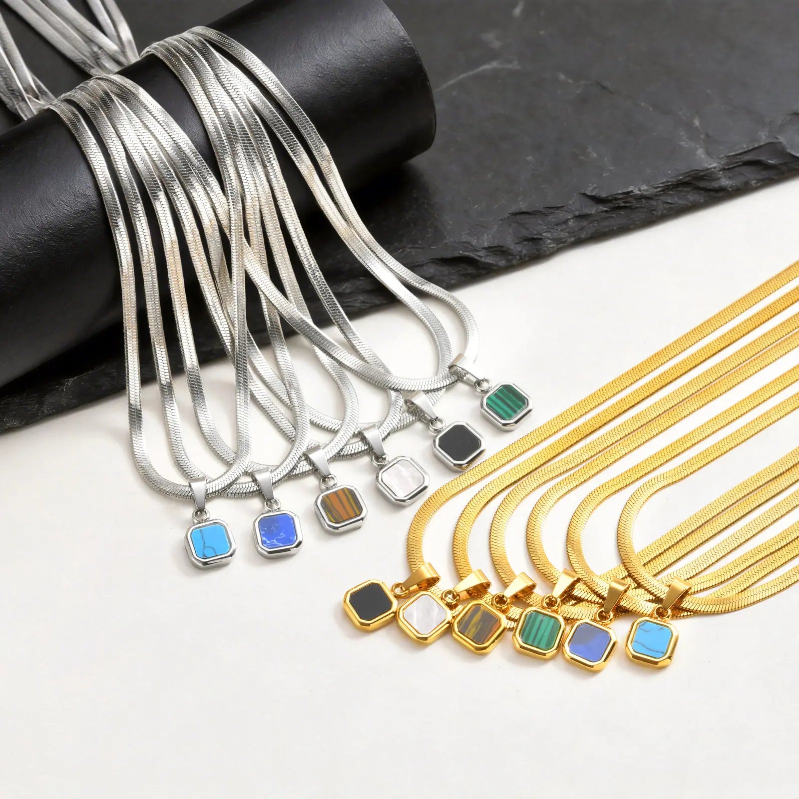 Geometric Natural Stone Pendant Necklace for Men – Stainless Steel Chain