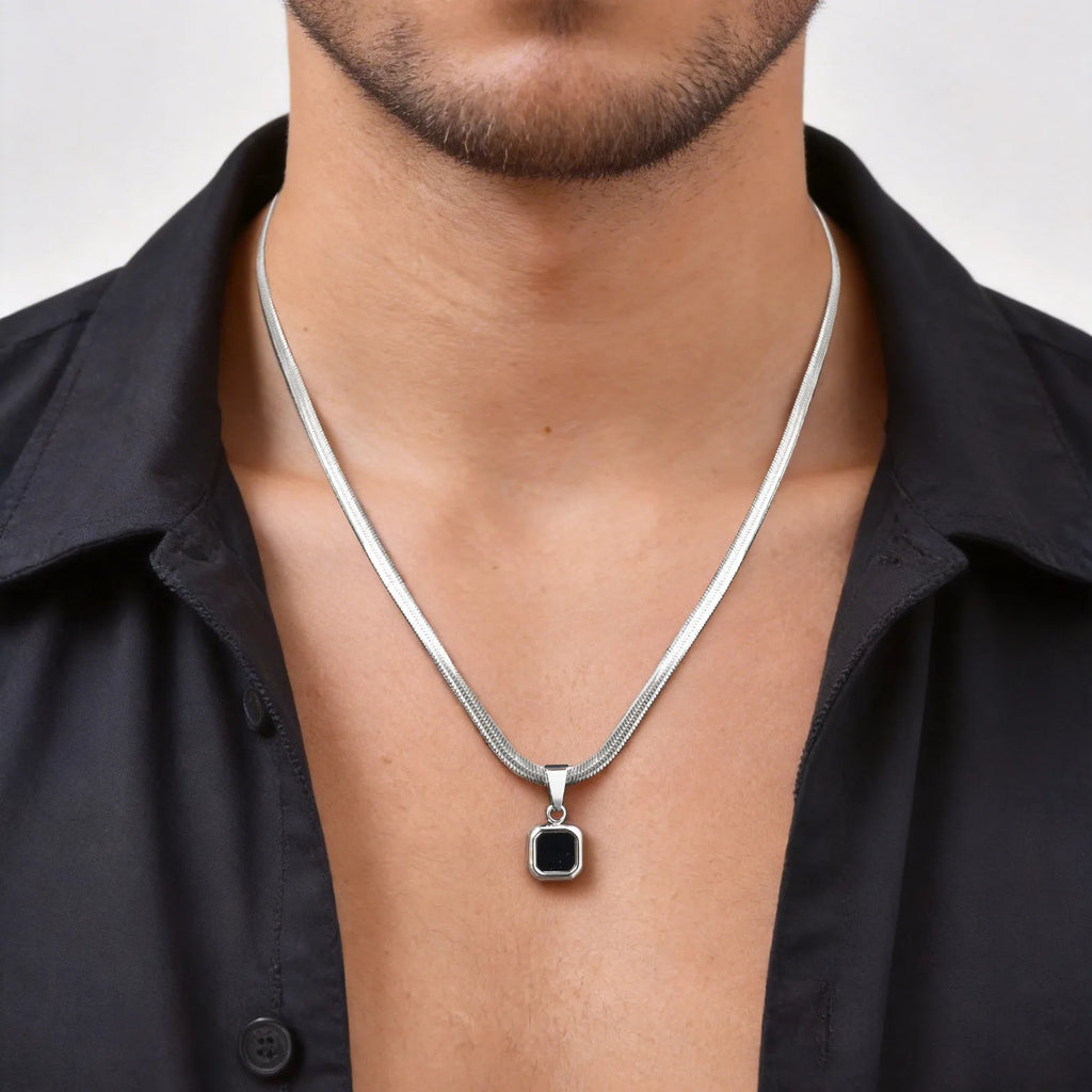 Geometric Natural Stone Pendant Necklace for Men – Stainless Steel Chain