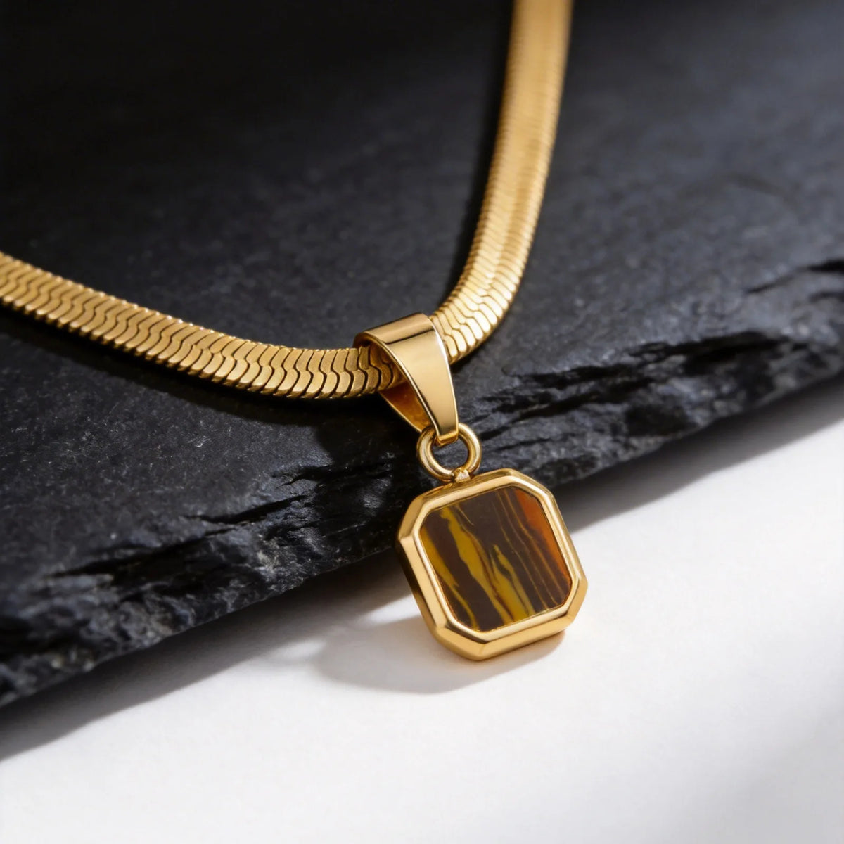 Geometric Natural Stone Pendant Necklace for Men – Stainless Steel Chain